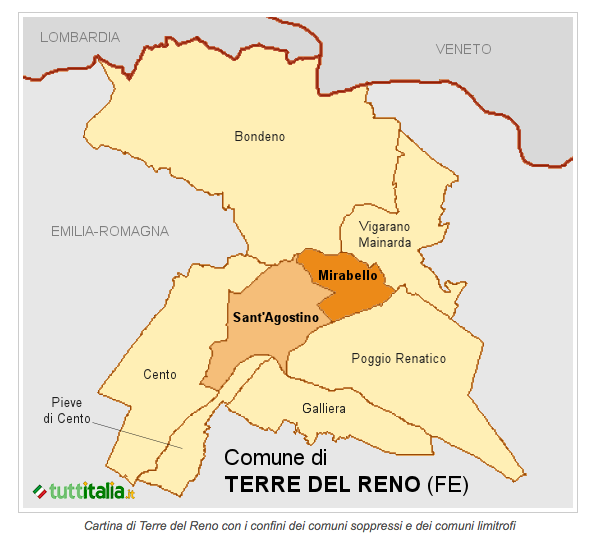 Cartina di Terre del Reno con i confini dei comuni soppressi e dei comuni limitrofi
